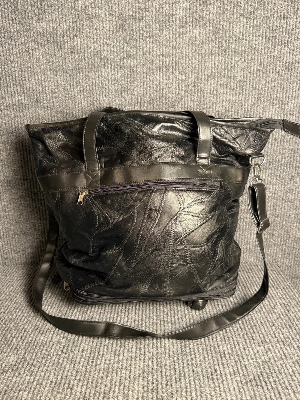 Vintage Black Leather Patchwork Expandable Travel Bag Tote XL